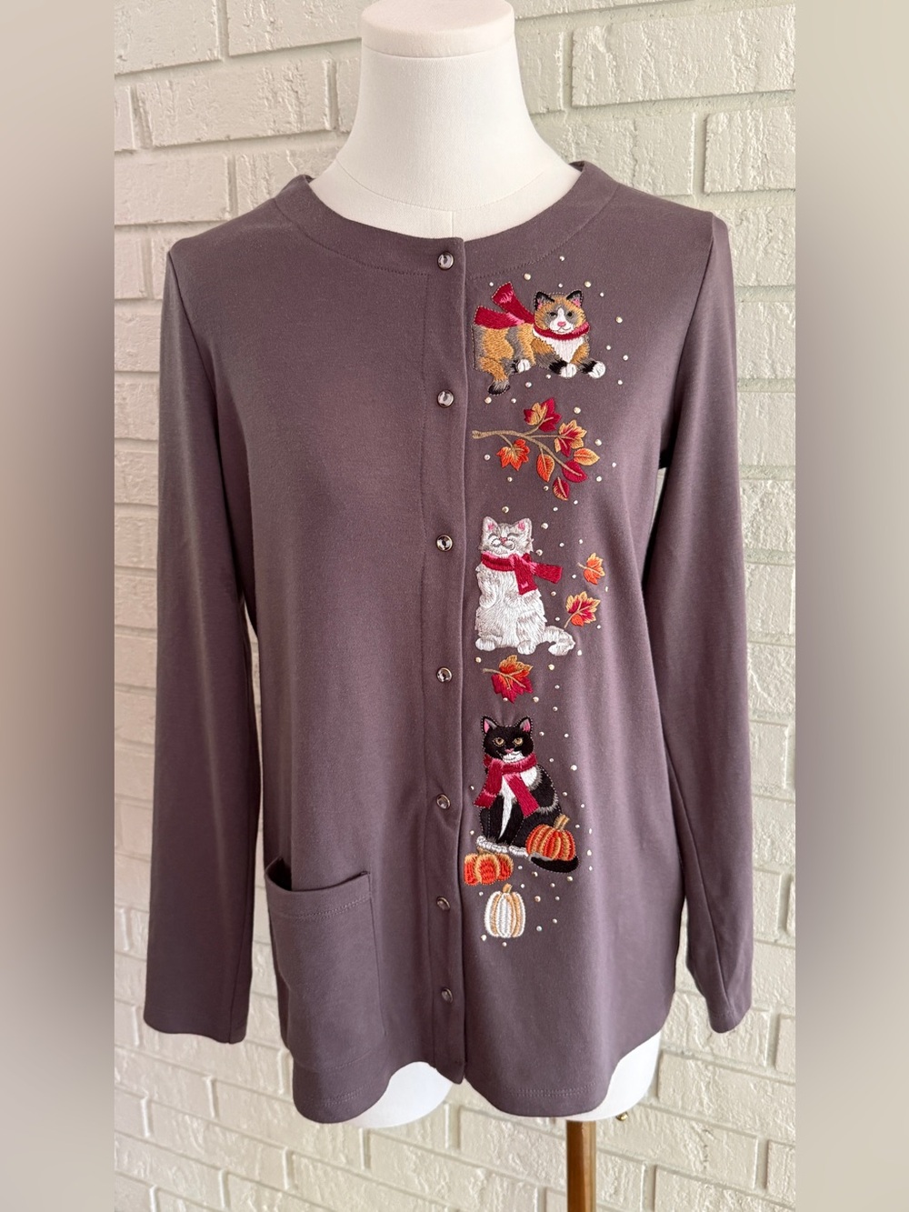 Quacker Factory Y2K Fall Cat Pumpkin Embroidered Cardigan XS